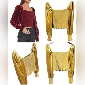 Gianni Bini Angel Velvet Square Neck Smocked Long Puff Sleeve Blouse Size Medium